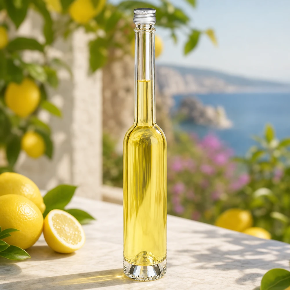 Szklana butelka Toni 100 ml ze srebrną zakrętką - elegancki wąski kształt do limoncello