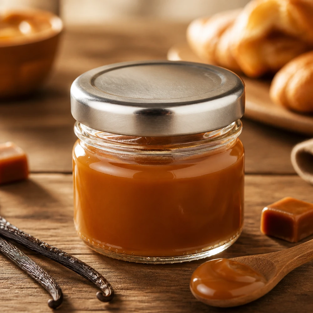 Okrągła szklanka o pojemności 33 ml z pokrywką BasicSeal w kolorze srebrnym, wypełniona sosem karmelowym, stojąca na rustykalnym drewnianym stole