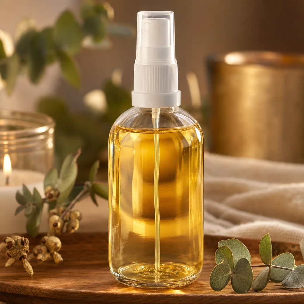 Szklana butelka ClearLine o pojemności 100 ml ze złotym olejkiem i białą dyszą rozpylającą na drewnianej tacy Wellness Ambiente