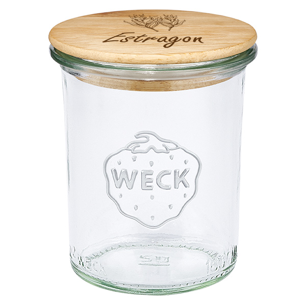 Drewniana pokrywka „Estragon” ze szklanym naczyniem WECK 160 ml Drewniana pokrywka „Estragon” ze szklanym naczyniem WECK 160 ml