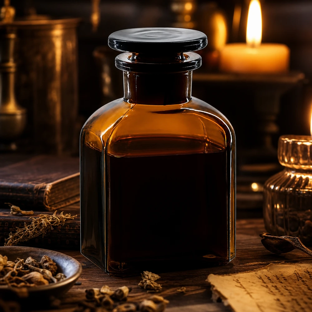 Butelka apteczna o pojemności 150 ml, z brązowego szkła, kwadratowa, z szeroką szyjką i szklanym korkiem, w blasku świec