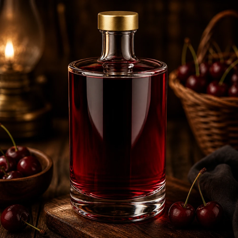 500ml szklana butelka Sam wypełniona czerwonym wiśniowym płynem złota nakrętka UNiTWIST wiśnie dekoracja ciepłe światło
