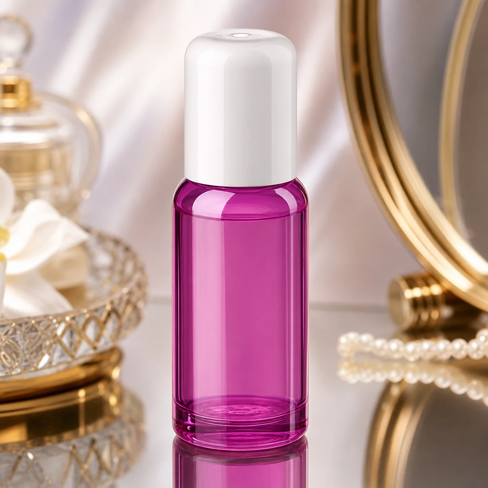 Butelka roll-on 20 ml z białą standardową zakrętką PurpleLine UT18/20 Wysokiej jakości szklana butelka 20 ml z zakrętką typu roll-on w kolorze przezroczystego fioletu do produktów kosmetycznych