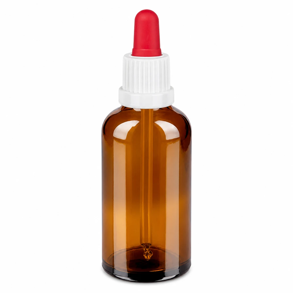 50 ml butelka z pipetą, biała/czerwona OV BrownLine UT18/50 Butelka z pipetą z bursztynowego szkła o pojemności 50 ml z białą zakrętką i czerwoną pipetą do precyzyjnego dozowania