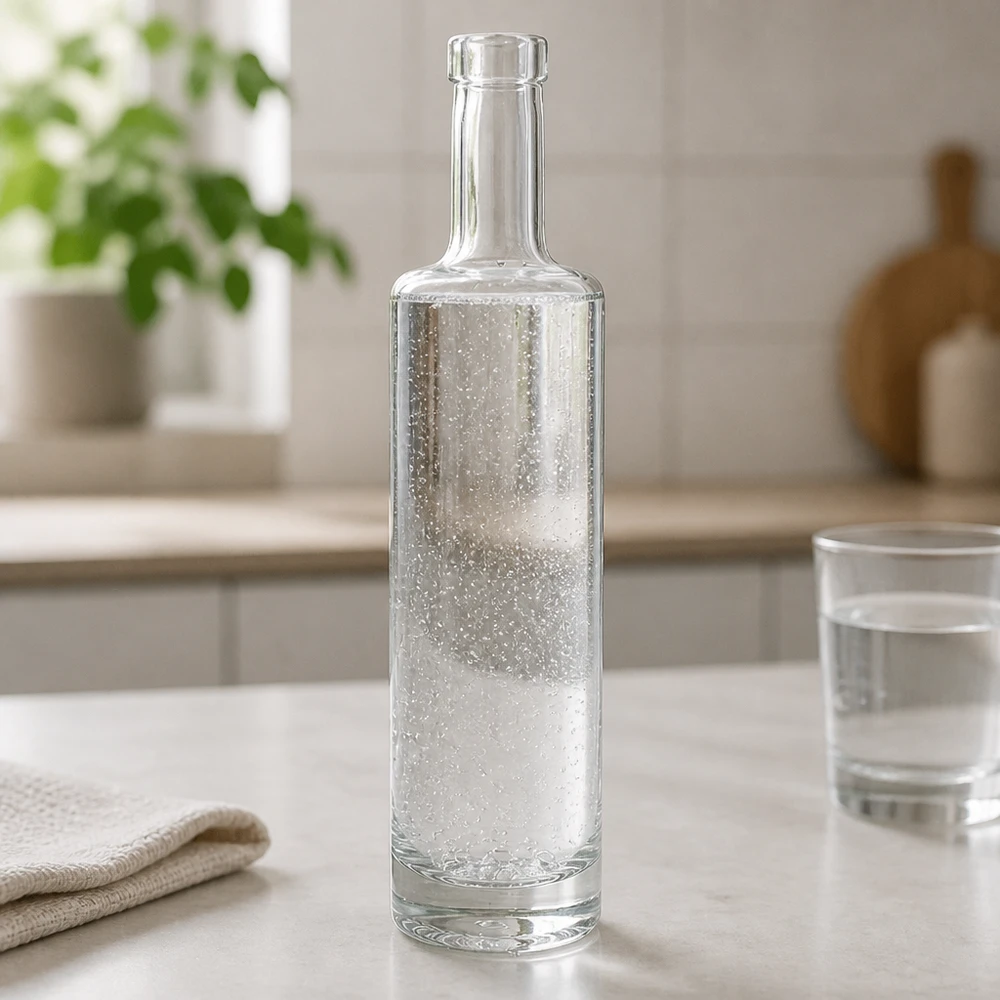 Szklana butelka 500 ml Lina bez zamknięcia UNiTWIST® 500ml Glasflasche Lina mit sprudelndem Wasser gefüllt in modernem Küchenambiente mit Wasserglas und Textil-Deko