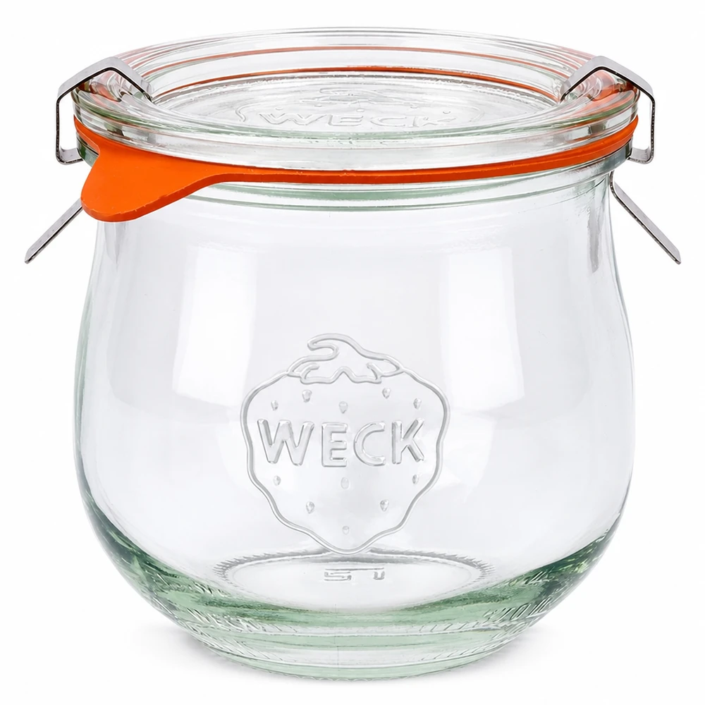 Słoik tulipan 370ml kompletny WECK RR80 WECK słoik tulipan 370ml ze szklaną pokrywką i pomarańczowym gumowym pierścieniem RR80 Słoik do przechowywania i konserwowania