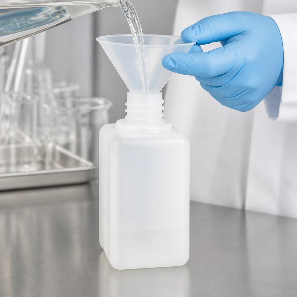 Butelka na chemikalia 50ml, wąska szyjka wykonana z PE-HD, kolor naturalny, GL 18 Laborant napełnia płyn za pomocą lejka do butelki na chemikalia o pojemności 50 ml, wykonanej z polietylenu wysokogęstościowego (PE-HD), typu GL 18, z wąską szyjką