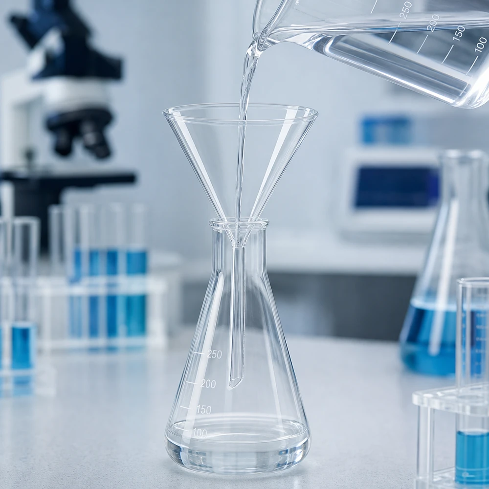 Lejek laboratoryjny z krótkim uchwytem wykonany ze szkła borokrzemowego o średnicy 100 mm do zastosowań chemicznych