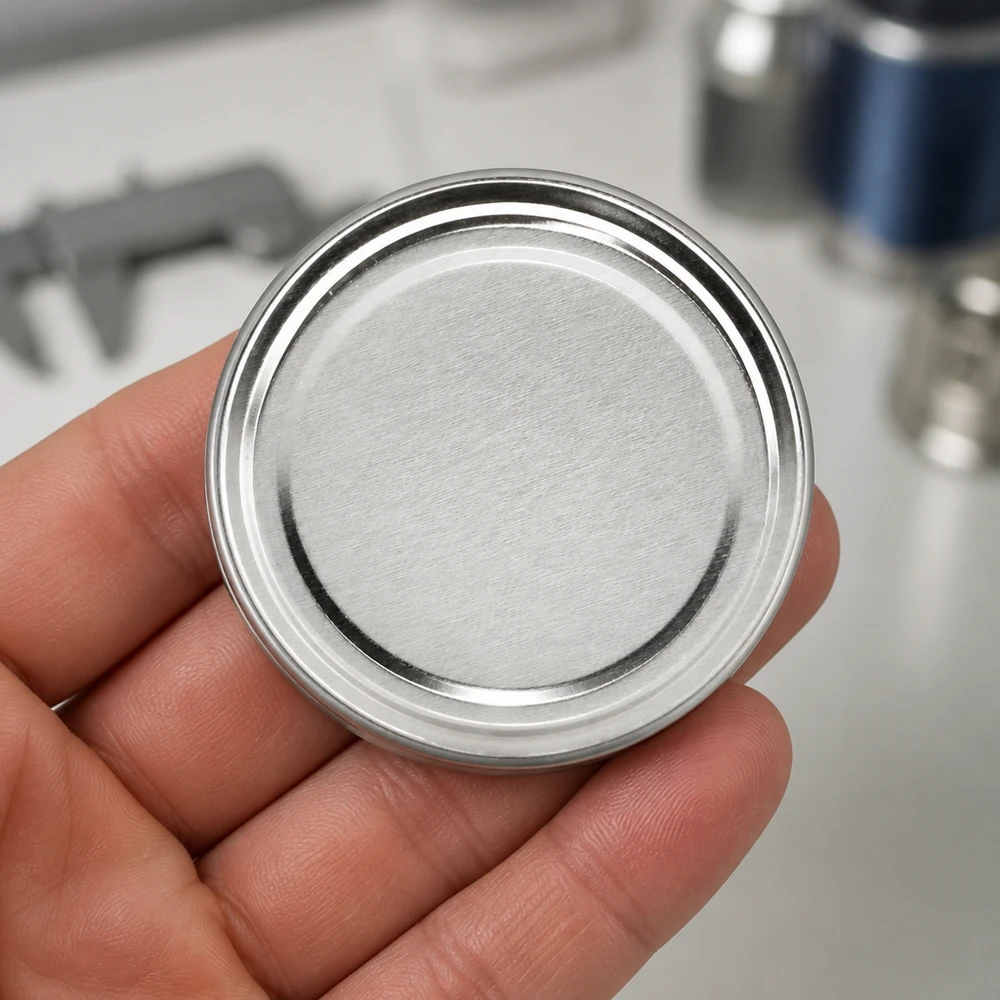 Pokrywka BasicSeal 82 mm, srebrna (TO82) UNiTWIST Zbliżenie na srebrną pokrywkę 82 mm TO82 BasicSeal firmy UNiTWIST leżącą w dłoni