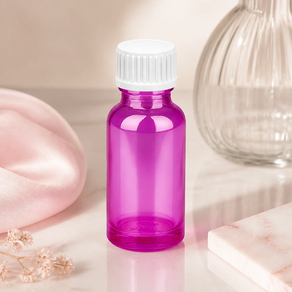 Butelka 20ml (kuleczka) 3mm pierścień nalewowy biały standardowy PurpleLine.UT18/20 Elegancka szklana butelka o pojemności 20 ml w kolorze fioletowym z białą gwintowaną nakrętką do użytku profesjonalnego