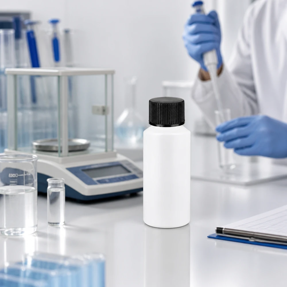 Mała biała plastikowa buteleczka o pojemności 30 ml z żebrowaną czarną zakrętką na stole laboratoryjnym