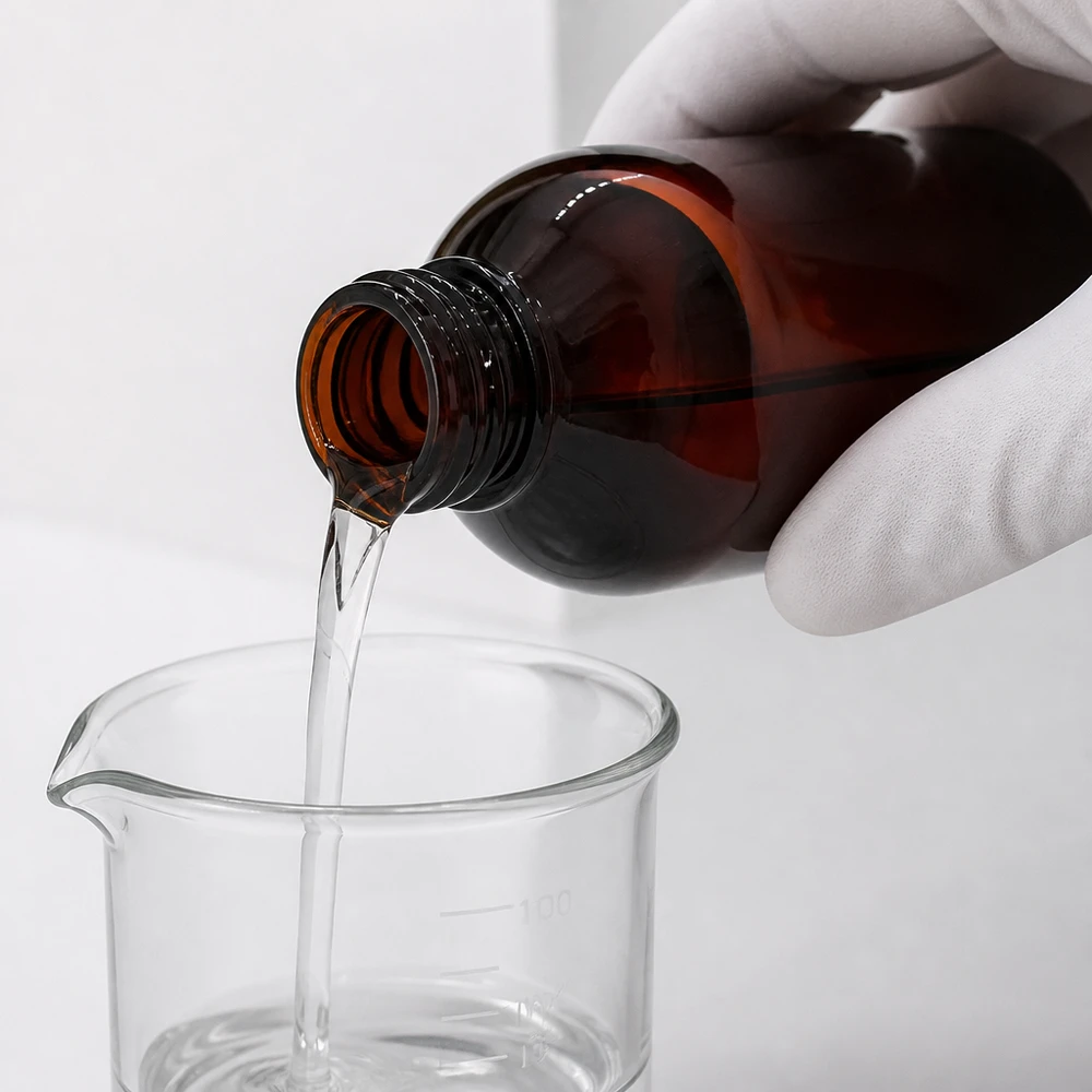Butelka PET 250ml z nakrętką odgazowującą czerwona Laborant w rękawiczkach napełnia zlewkę z brązowej butelki PET o pojemności 250 ml z zamknięciem odgazowującym