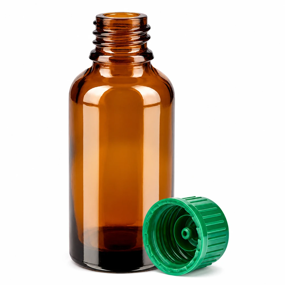 Butelka aptekarska 30 ml z bursztynowego szkła z gwintem 11 mm i zieloną zakrętką STD