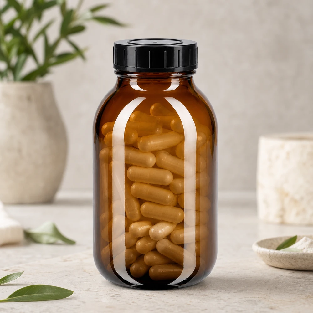 Butelka z szeroką szyjką o pojemności 500 ml z bursztynowego szkła z zakrętką Butelka z szeroką szyjką o pojemności 500 ml z bursztynowego szkła z zakrętką
