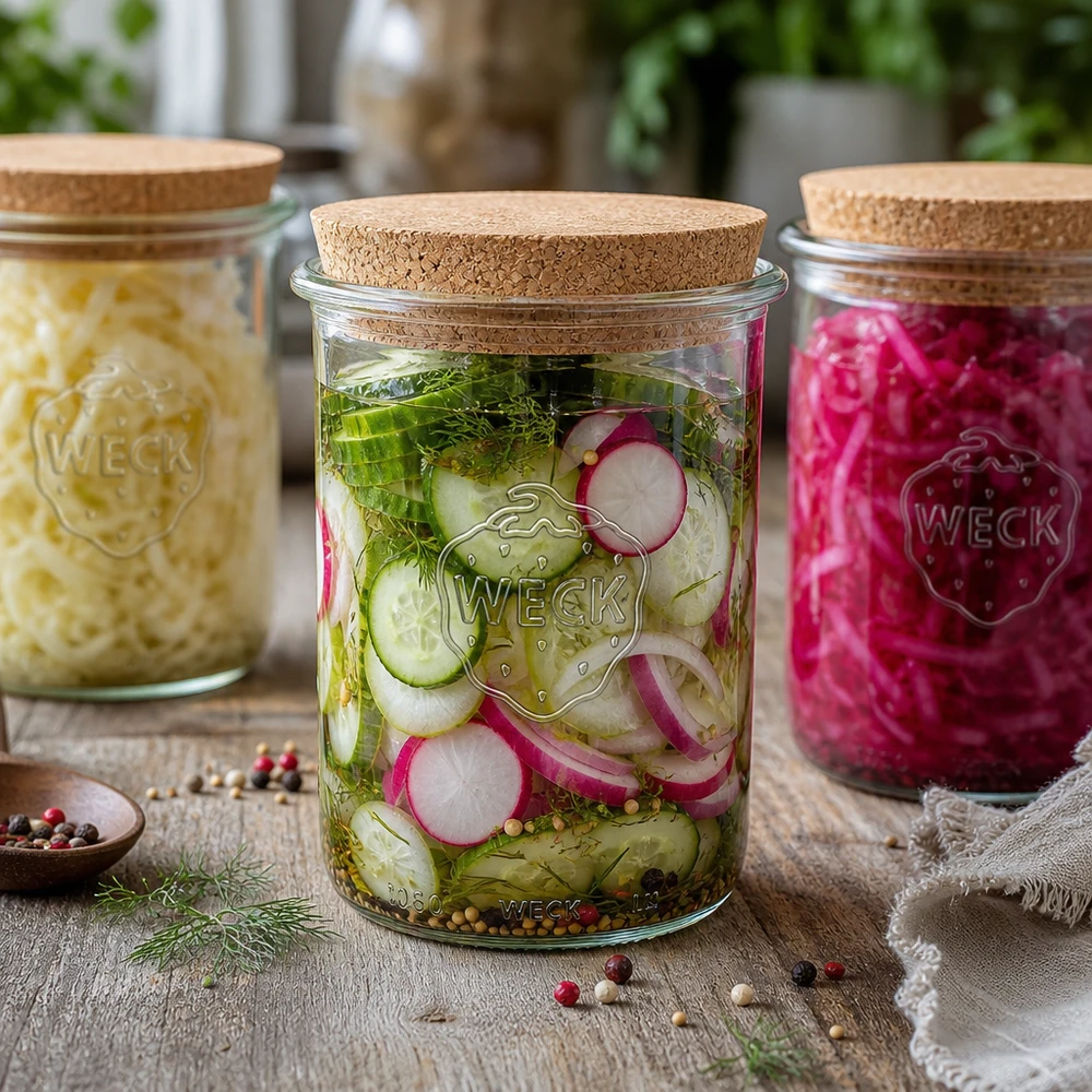 Tumbler 1000ml WECK RR100 z korkiem naturalny Słoik do przetworów WECK 1000ml RR100 z korkową pokrywką Zestaw słoików do przechowywania ogórków kiszonych, kapusty kiszonej i rzodkiewki