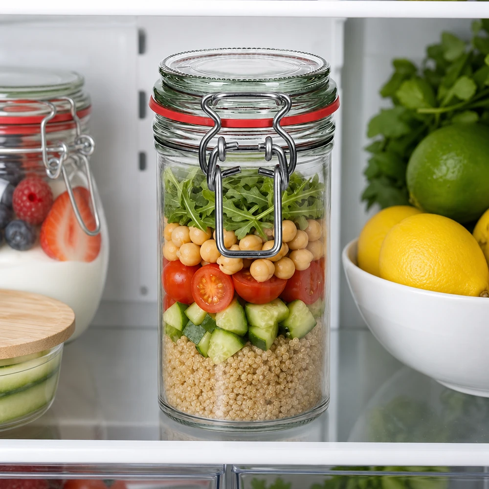 Słoik do przechowywania 272 ml z uchylną górą wypełniony sałatką z ciecierzycy quinoa pomidory ogórek w lodówce