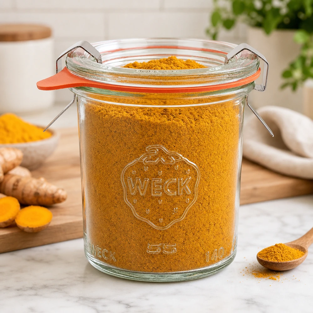 Kubki o pojemności 140 ml w komplecie WECK RR60 WECK Sturzglas 140ml RR60 mit Kurkuma-Pulver gefüllt in moderner Küche zeigt Vielseitigkeit für Gewürzaufbewahrung