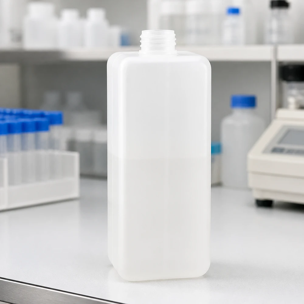 Butelka na chemikalia 1000ml, wąska szyjka wykonana z PE-HD, kolor naturalny, GL 32 Pusta, przezroczysta butelka na chemikalia o pojemności 1000 ml, z polietylenu HD, z wąską szyjką GL 32, stojąca na białym stole laboratoryjnym