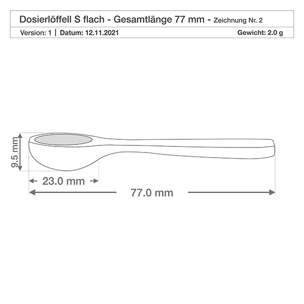 Drewniana łopata w kształcie łyżki S o długości 7,7 cm Rysunek techniczny Drewniana łopata S płaska 77mm długość całkowita Wymiary Waga 2g Specyfikacja produktu