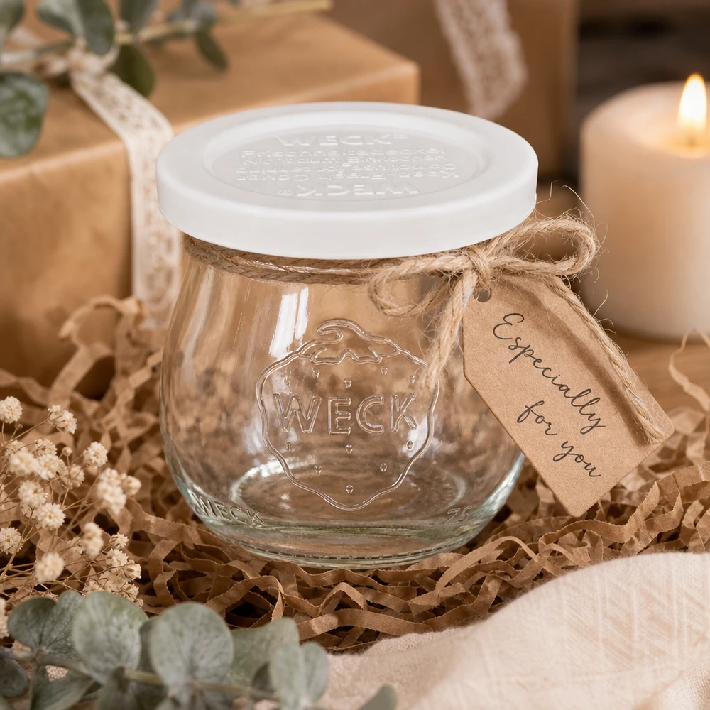 Słoik tulipan o pojemności 75 ml z pokrywką WECK RR40 WECK tulipan słoik 75ml RR40 jako prezent ozdobnie zapakowany z papierową przywieszką i jutową wstążką na drewnie