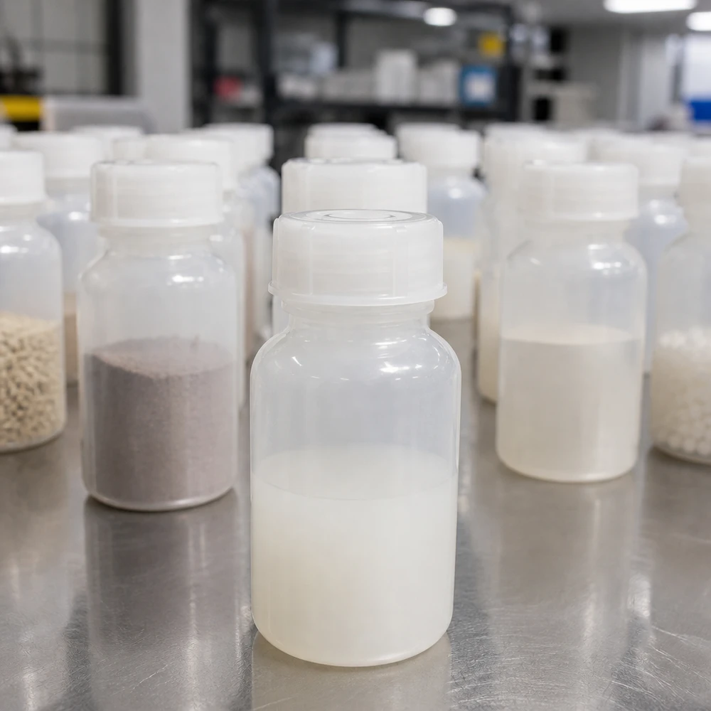 Butelki laboratoryjne o szerokiej szyjce o pojemności 100 ml z zakrętką, wypełnione próbkami proszku w różnych kolorach