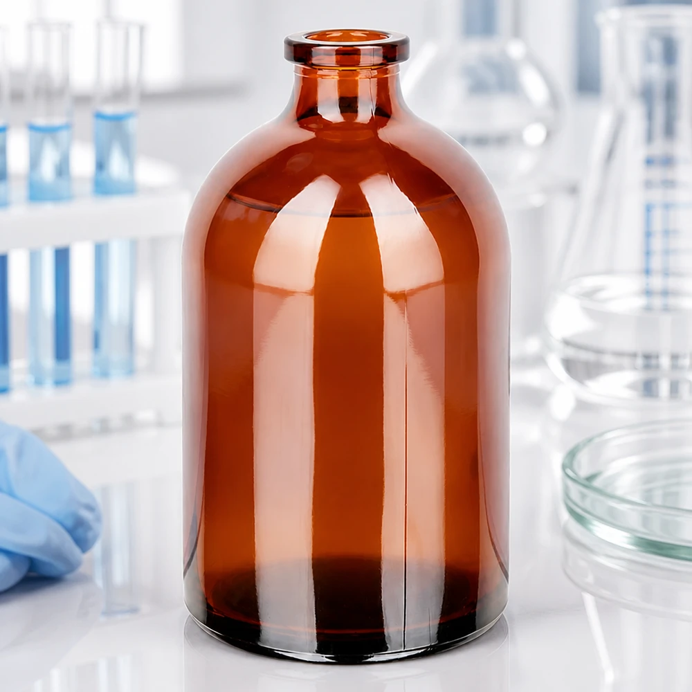 Butelka iniekcyjna z bursztynowego szkła 100 ml Injektionsflasche 100ml aus braunem Glas zur Lagerung photosensitiver pharmazeutischer Wirkstoffe