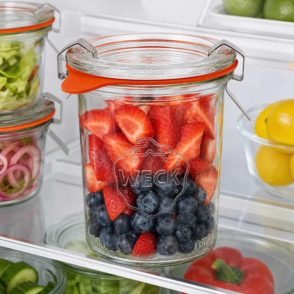 Kubki WECK 160 ml RR60 wypełnione świeżymi jagodami w lodówce dla optymalnej świeżości i przechowywania