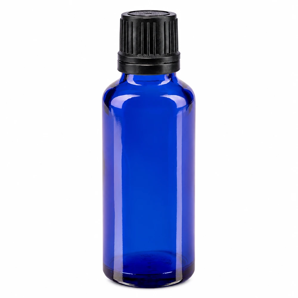 Butelka apteczna niebieska 30ml drip v. Pr. 1mm czarny OV Niebieska szklana buteleczka o pojemności 30 ml z czarnym zakraplaczem i zakrętką z szkła aptecznego