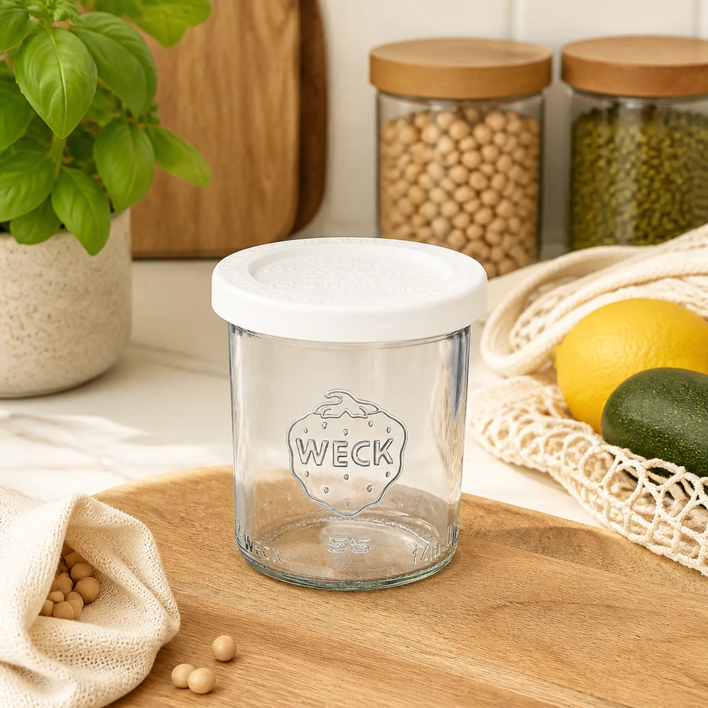 Kubki WECK 140ml RR60 puste z pokrywką świeżości w nowoczesnych kuchniach obok słoików do przechowywania i świeżych owoców