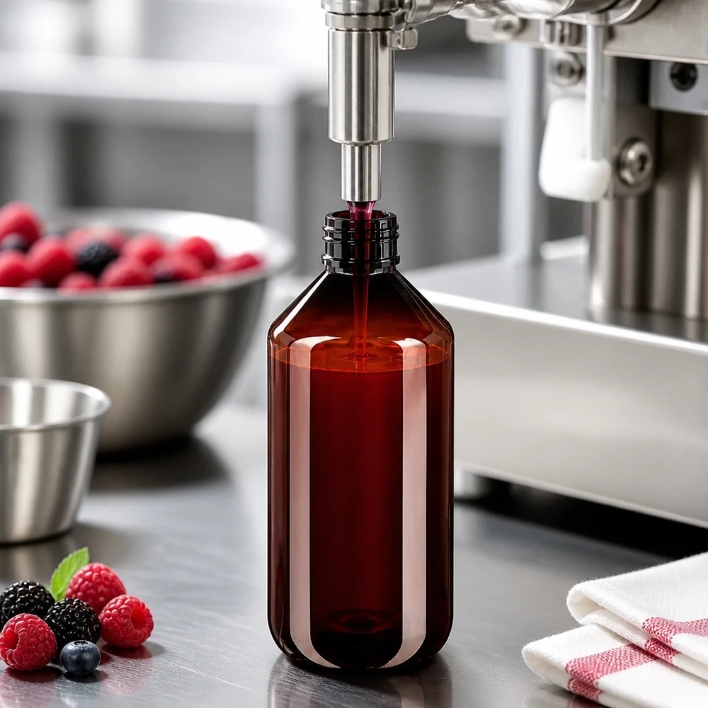 Lebensmittelgerechte 500ml PET Flasche braun mit schwarzem Spritzverschluss bei Beerenabfüllung