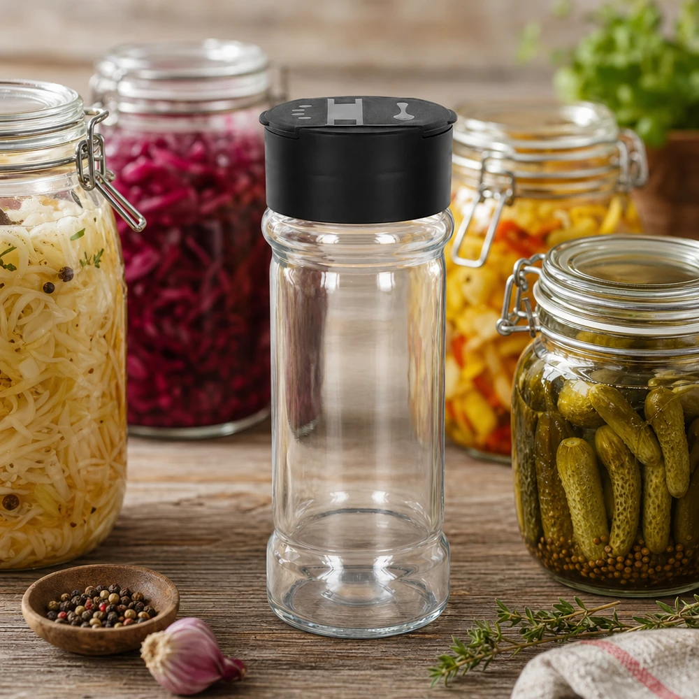 Słoik na sól/przyprawy 100 ml z podwójną dozownicą, czarny Mała szklana solniczka o pojemności 100 ml z czarną plastikową pokrywką, umieszczona wśród marynowanych warzyw