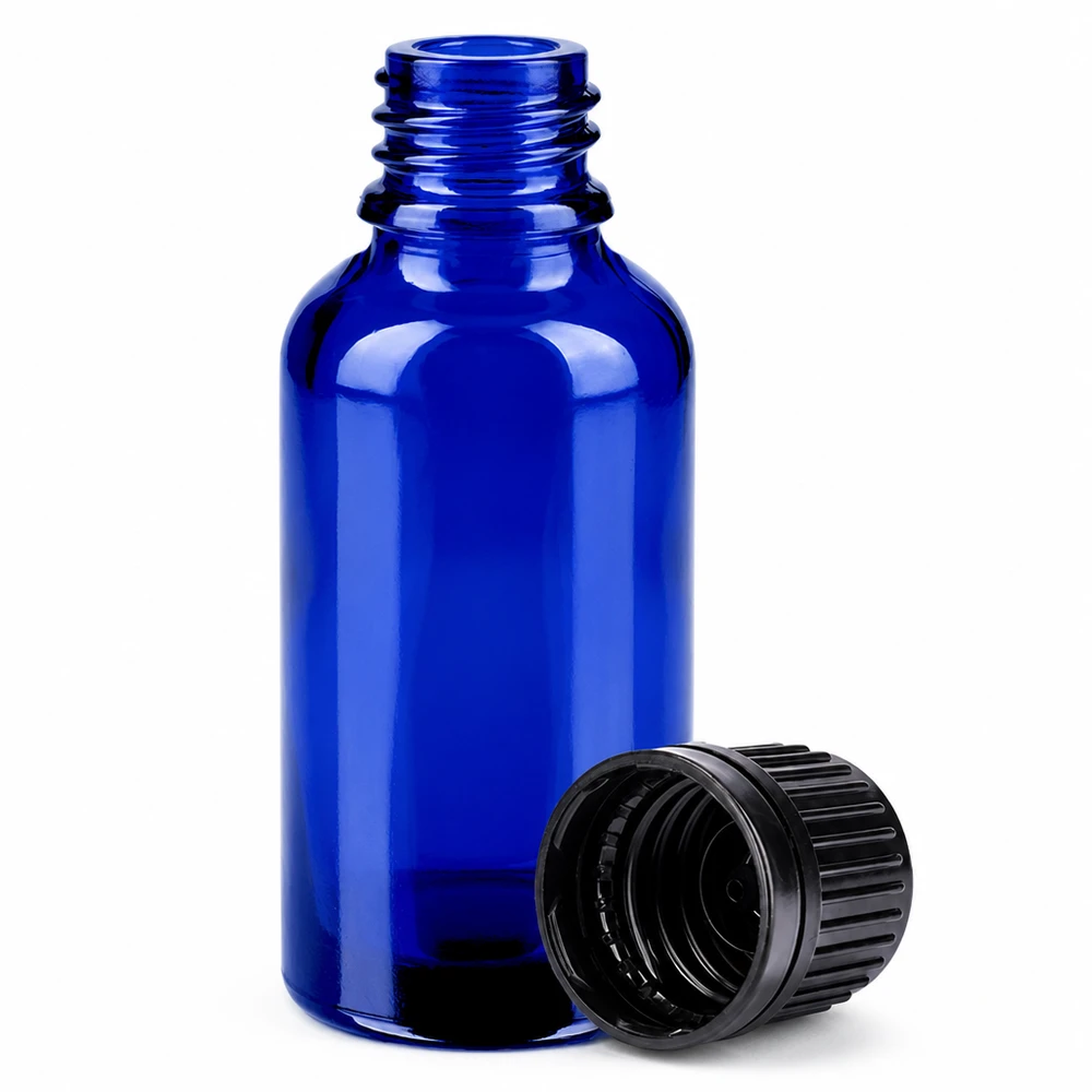 Niebieska szklana butelka 30 ml z zakrętką do aromaterapii i kosmetyków naturalnych