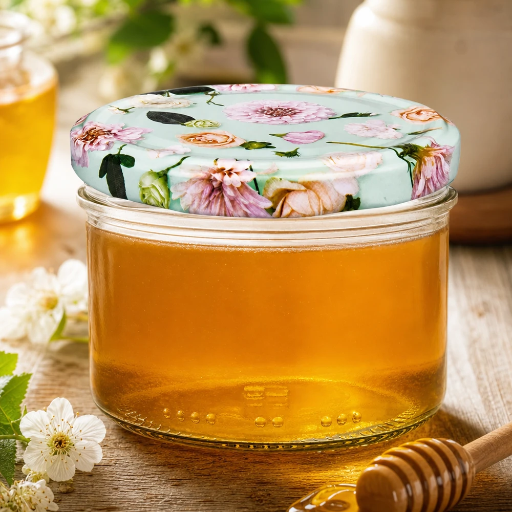 Słoik na miód 230ml z ozdobną pokrywką BasicSeal kwiat mięty - złoty miód z drewnianą łyżką i dekoracją kwiatową