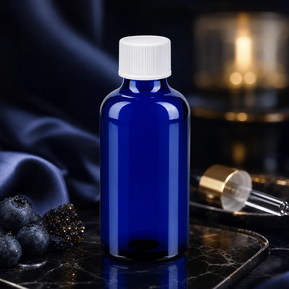Butelka 50 ml 11 mm SV biała STD BlueLine UT18/50 Kompaktowa butelka 50 ml z otworem 11 mm w eleganckim kolorze kobaltowego błękitu zapewnia precyzyjne dozowanie.