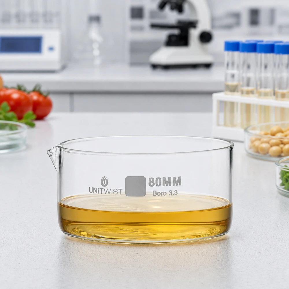 Naczynie krystalizacyjne ø80 mm ze szkła borokrzemowego UNiTWIST Miska krystalizacyjna 80 mm UNiTWIST z żółtym olejem na powierzchni laboratoryjnej ze szkła borokrzemowego 3.3