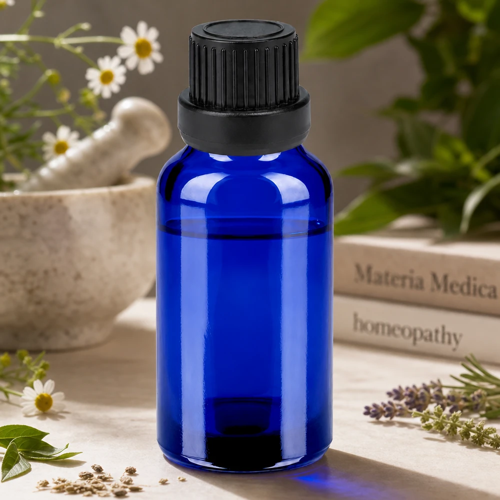 Kompaktowa butelka o pojemności 20 ml z czarną nakrętką z zabezpieczeniem przed manipulacją do leków homeopatycznych