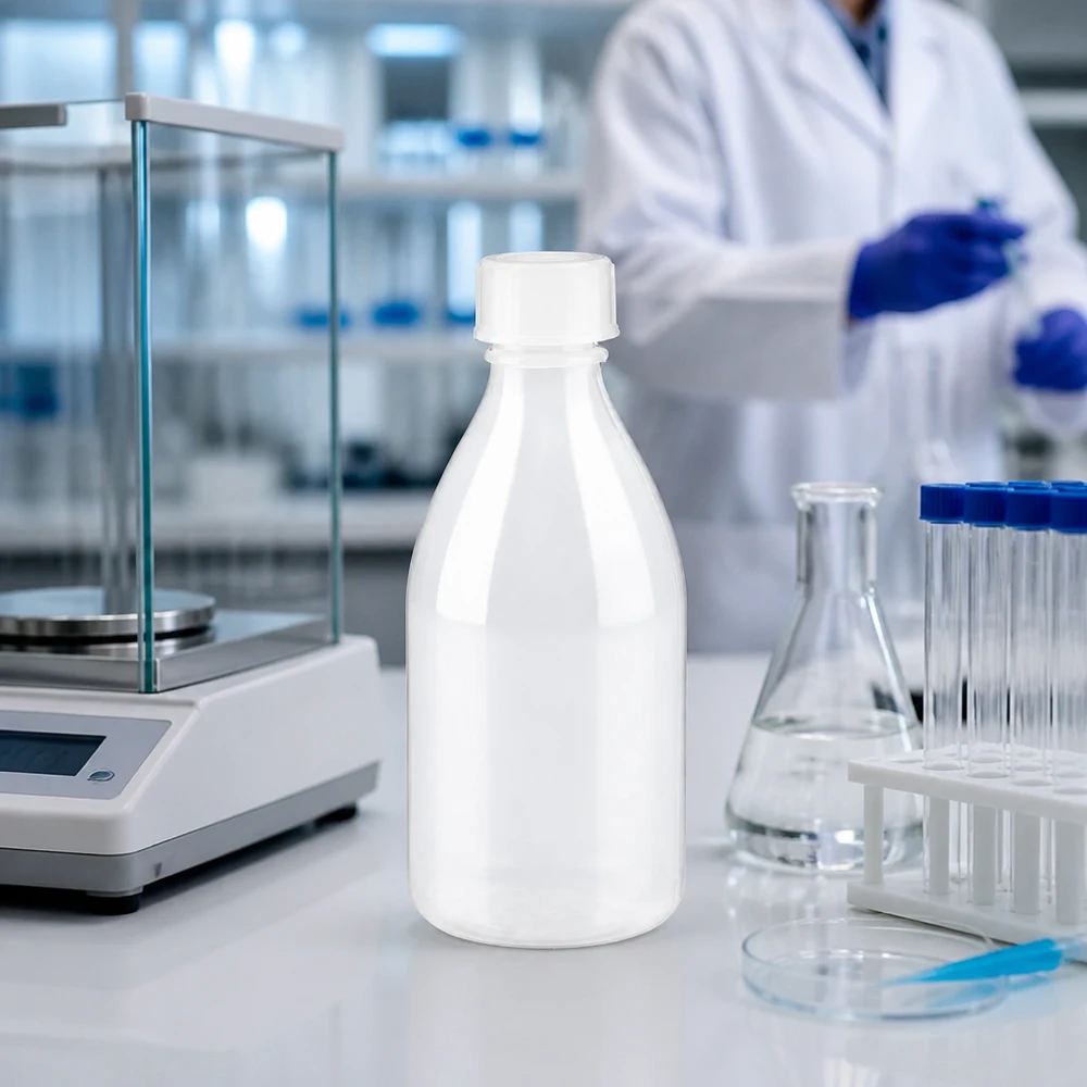 Butelka zakręcana 100 ml, butelka laboratoryjna z wąską szyjką Biała butelka z wąską szyjką o pojemności 100 ml, wykonana z HDPE, na białym blacie laboratoryjnym obok wagi analitycznej