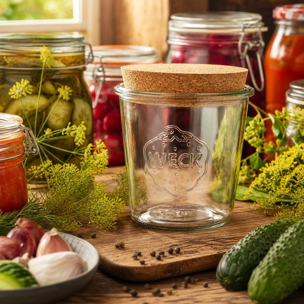 Kubki termiczne 580ml WECK RR100 z korkiem naturalne Słoik do przetworów WECK 580ml RR100 z korkową pokrywką w rustykalnej kuchni ozdobiony przyprawami, piklami i akcesoriami do przetworów