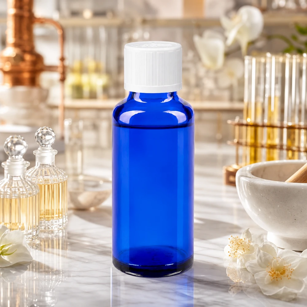 Niebieska butelka laboratoryjna o pojemności 30 ml z białym zamknięciem zabezpieczającym przed dziećmi w laboratorium perfumeryjnym z kolbą destylacyjną