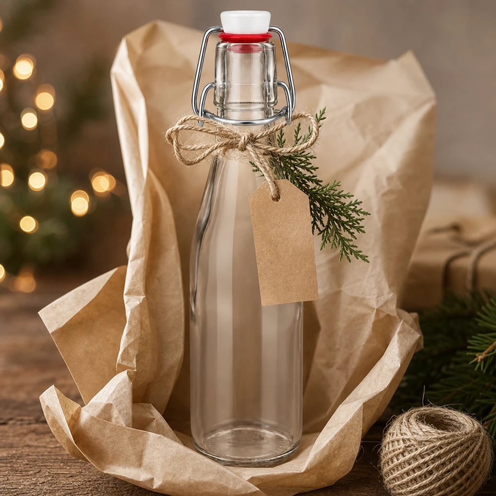 Szklana butelka 250 ml i zamknięcie z uchwytem porcelanowym UNiTWIST 250ml Glasflasche mit Bügelverschluss als Geschenk verpackt mit Juteschnur, Kraftpapier-Anhänger und Tannenzweig