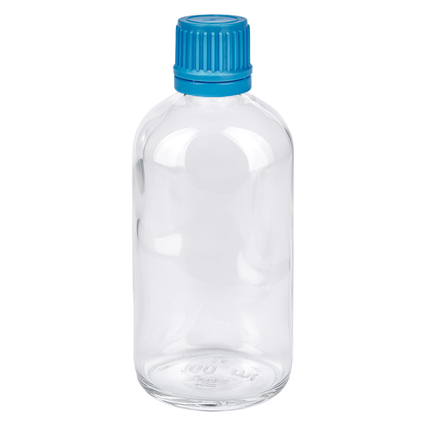 Butelka 100 ml 11 mm SV niebieski OV ClearLine UT18/100 Szklana butelka ClearLine o pojemności 100 ml z niebieską zakrętką 11 mm oraz plombą zabezpieczającą