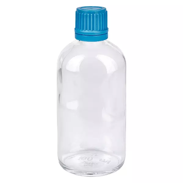 Butelka 100 ml 11 mm SV niebieski OV ClearLine UT18/100 Szklana butelka ClearLine o pojemności 100 ml z niebieską zakrętką 11 mm oraz plombą zabezpieczającą