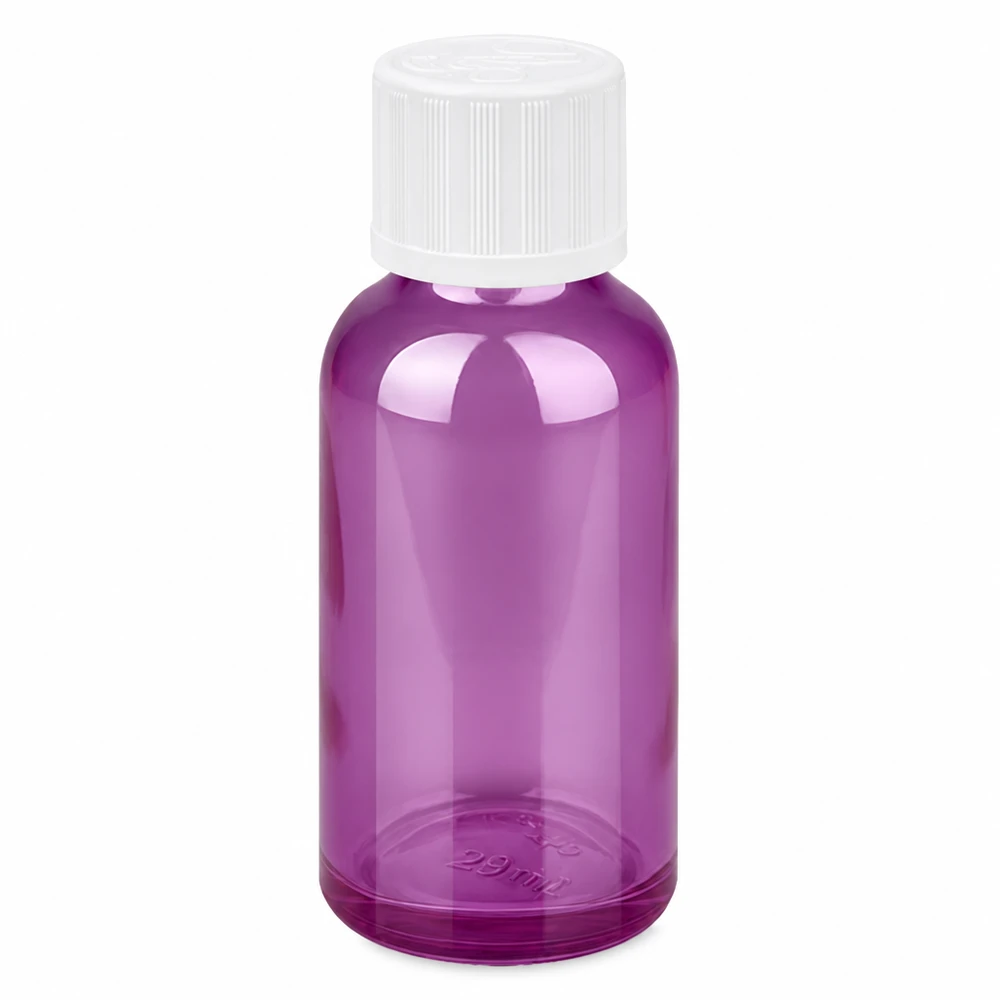 Butelka z zakraplaczem 30 ml 1,2 mm biała, standardowo zabezpieczona przed dziećmi PurpleLine.UT18/30 Butelka z zakraplaczem o pojemności 30 ml w kolorze fioletowo-przezroczystym z białą zakrętką i precyzyjnym otworem zakraplacza o średnicy 1,2 mm.