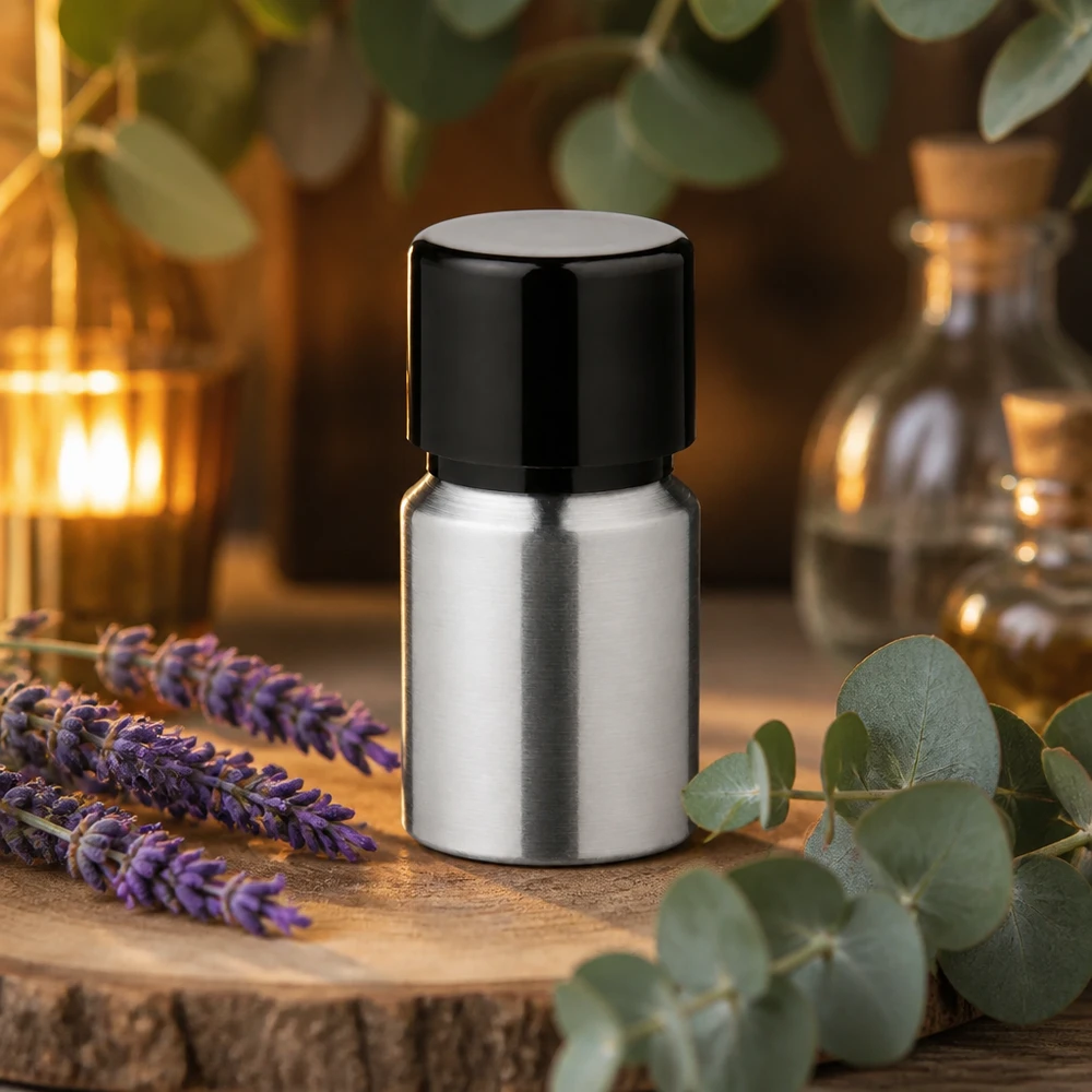 Butelka z polerowanego aluminium o pojemności 10 ml z zakrętką Polerowana aluminiowa butelka o pojemności 10 ml w kolorze srebrnym z czarną zakrętką, idealna do aromaterapii i olejków zapachowych.