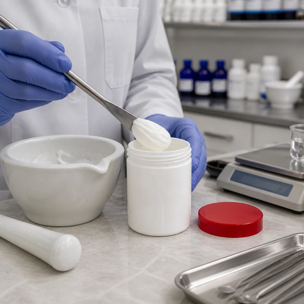 Farmaceuta nakłada maść szpatułką do białego słoika o pojemności 75 g z czerwoną zakrętką z PP