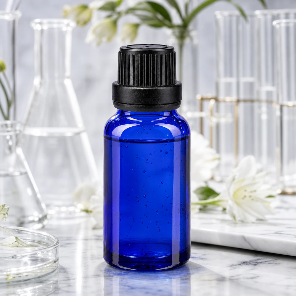 Butelka farmaceutyczna o pojemności 10 ml w kolorze kobaltowym, wyposażona w zamknięcie OV zabezpieczone przed dziećmi oraz precyzyjną nakładkę kroplową o średnicy 2 mm