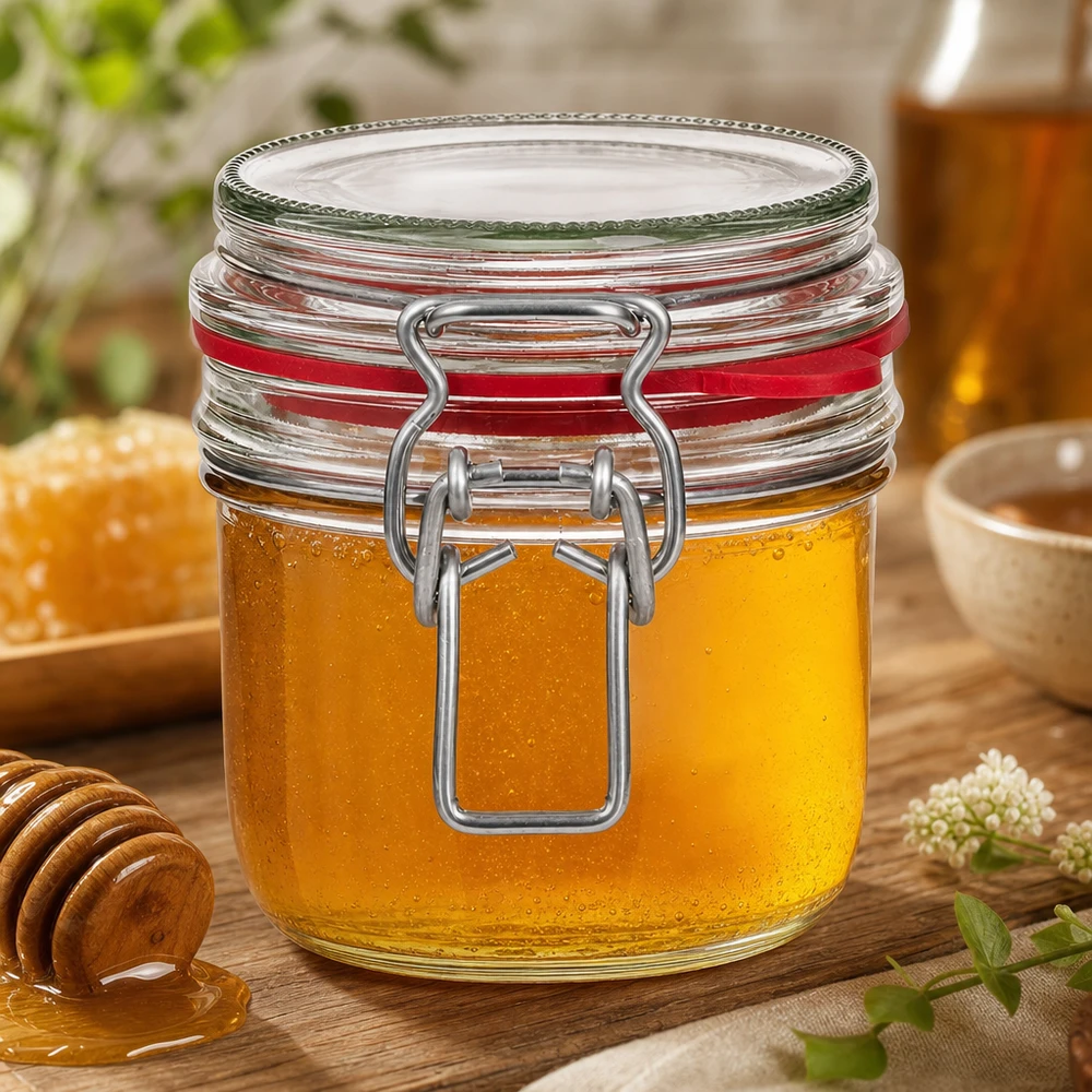 Słoik do przechowywania o pojemności 255 ml, typ G, z zamknięciem na zatrzask UN.. 255ml Einmachglas mit Bügelverschluss gefüllt mit goldenem Honig neben Honiglöffel auf natürlichem Holztisch