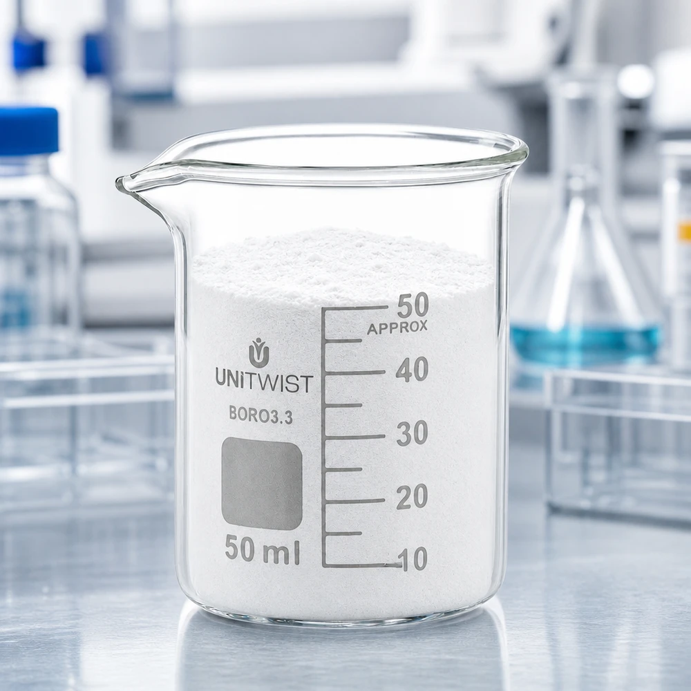 Szklanka o pojemności 50 ml, wypełniona po brzegi białym proszkiem, UNiTWIST, niski model, laboratoryjna