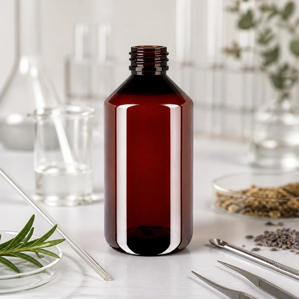Okrągła butelka PET o pojemności 750 ml w kolorze bursztynowym z zakrętką na białej marmurowej powierzchni