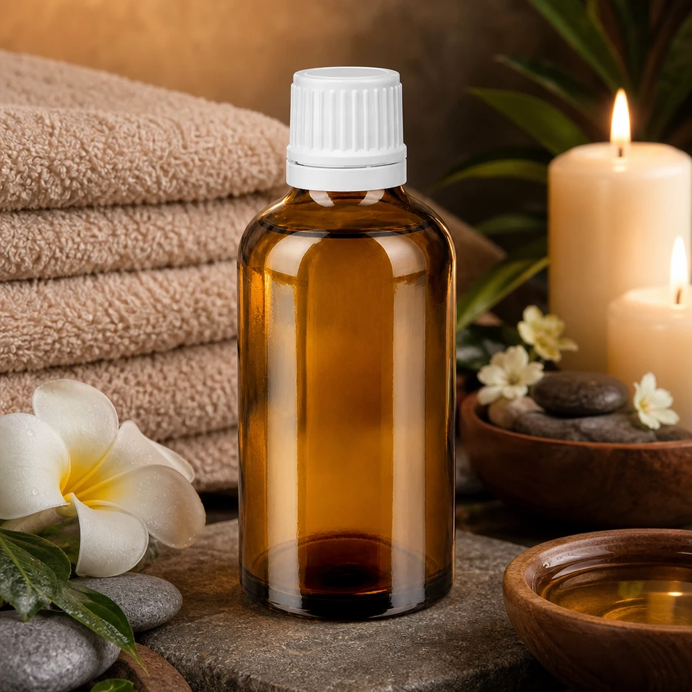 Butelka apteczna z brązowego szkła o pojemności 50 ml z białą zakrętką, idealna do olejków do masażu i produktów wellness